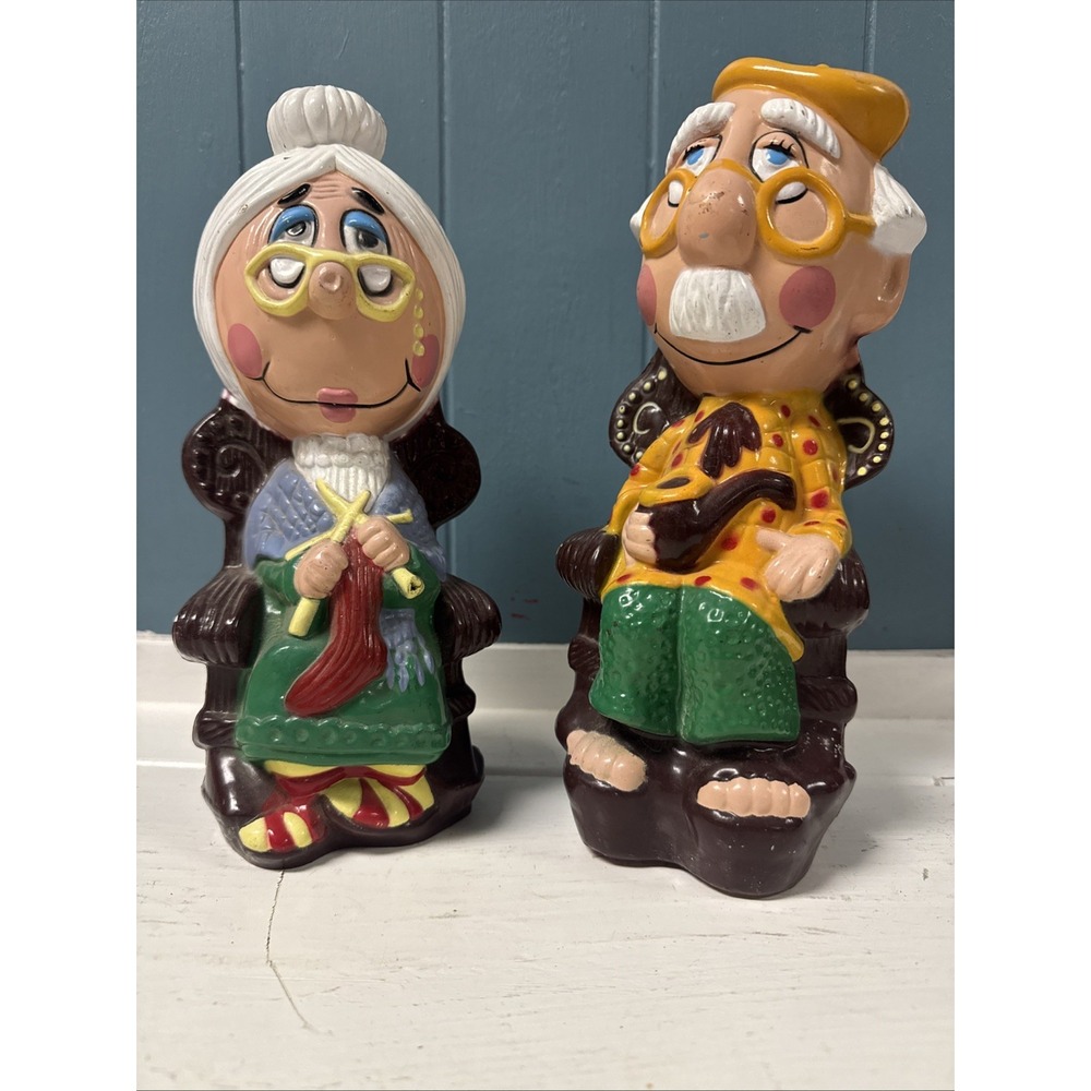 Vtg Coin Banks Plastic Old Man Woman Eye Glasses Rocking Chair Grandma Grandpa